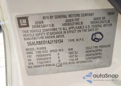 2010 Buick Enclave 1Xl z USA, uszkodzony, nr VIN 5GALRBED1AJ119134
